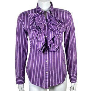 Lauren Ralph Lauren Ruffle Collar Button Up Shirt Womens S Cotton Purple Stripes